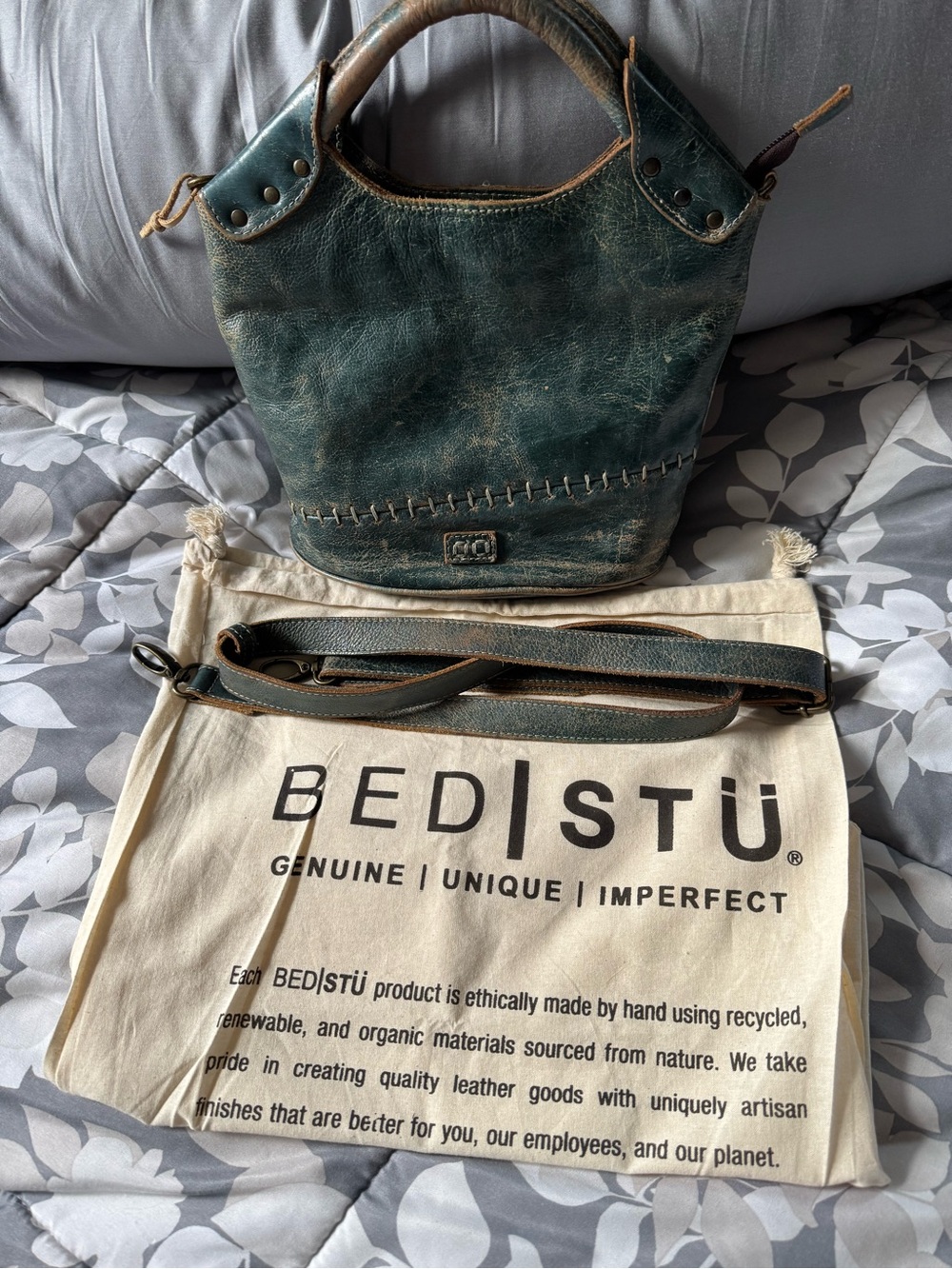 BED|STU Distressed Teal Green Leather Crossbody Tote